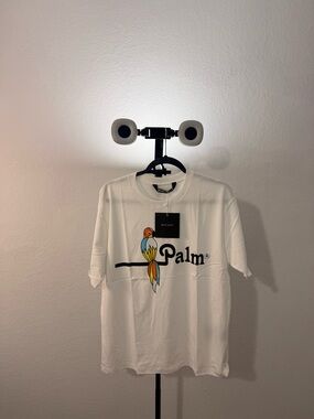 Palm Angels White Tee with Colorful Parrot Graphic